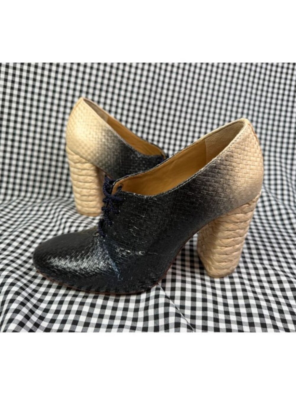 Tory Burch Fabienne Raffia Bootie Heels Womens 8 Black Natural Lace Up Ombre